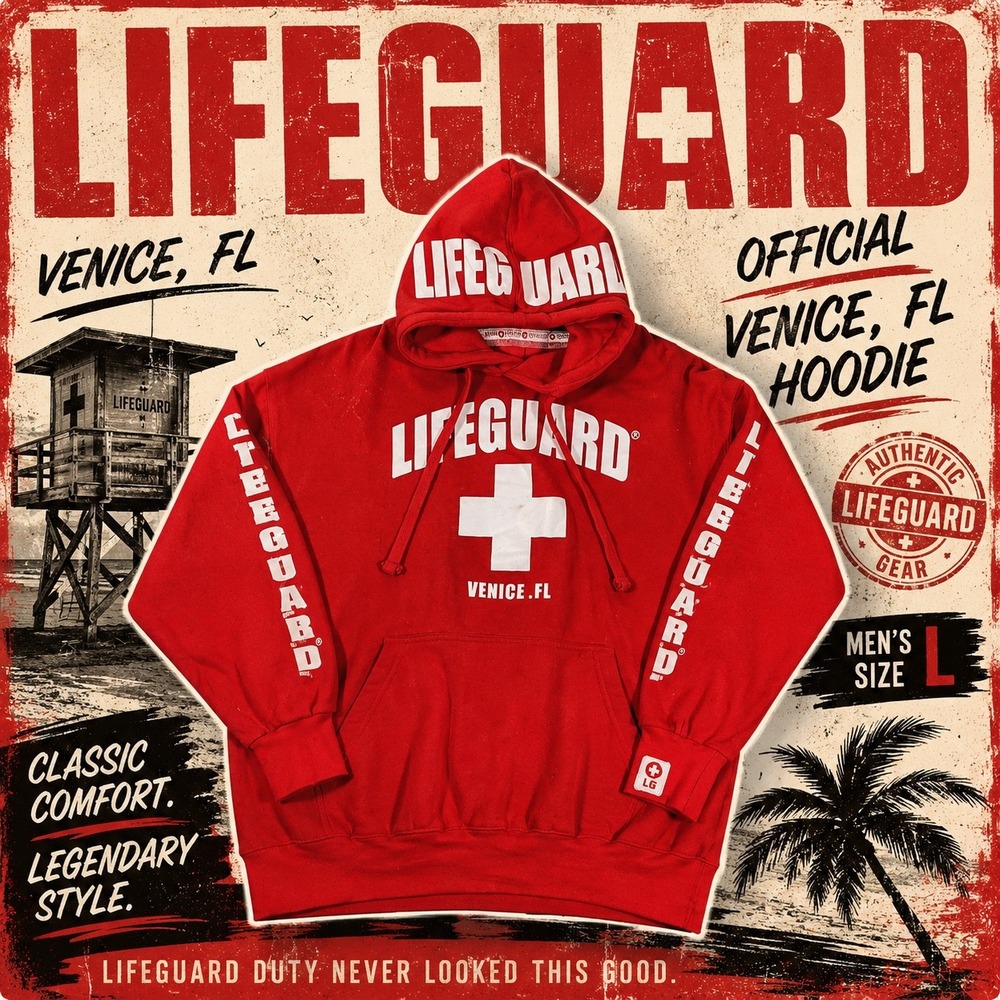 Lifeguard Official Venice FL Hoodie Red Pullover Sweatshirt Mens Size L